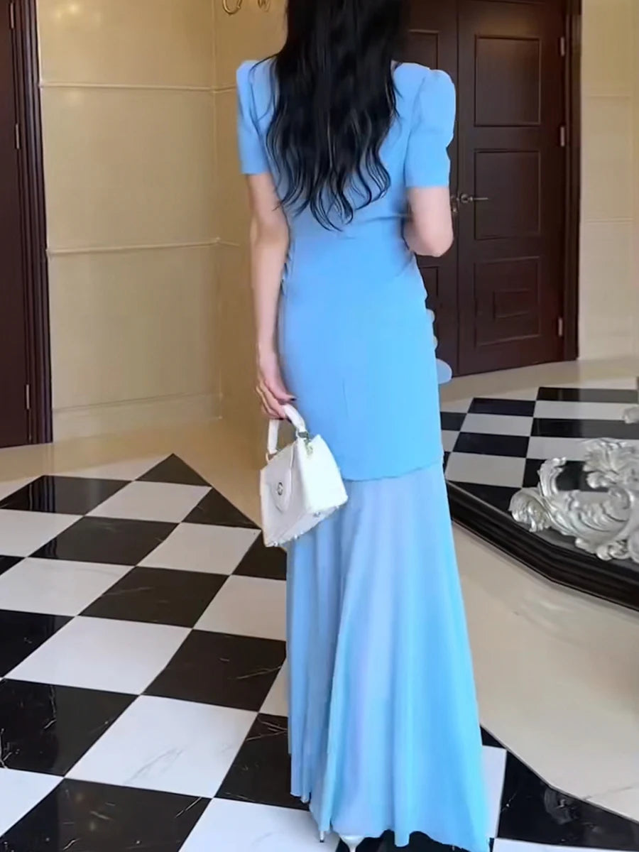 Hit Color Spliced 3D Flower Elegant Dresses for Women Round Neck Short Sleeves Patchwork Folds Sheer Dress Female