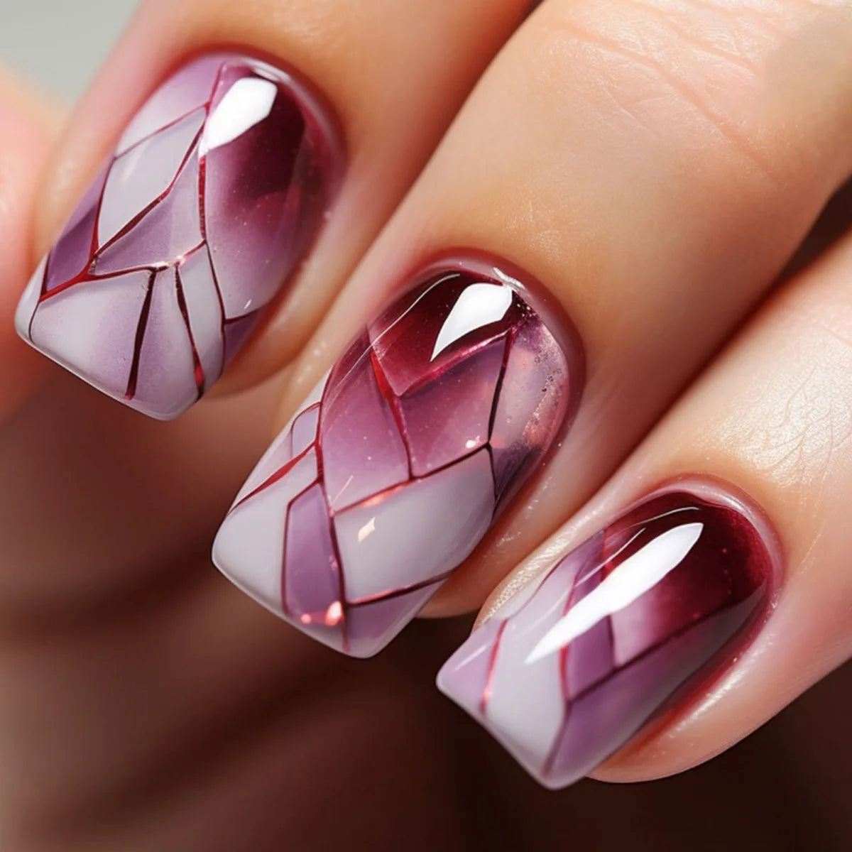 24pcs/set short sqaure almond fake nails geometric aurora gradient heart glitter designs faux ongles press on acrylic false nail 1117