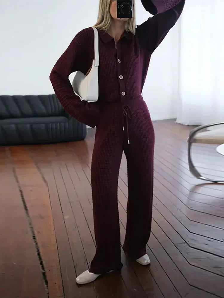 Autumn Women Wine Red Knit Sweater 2 Peice Sets V-neck Cardigan Coats High Waist Wide Leg Pants Ladies Fashion Casual Suits reddish brown