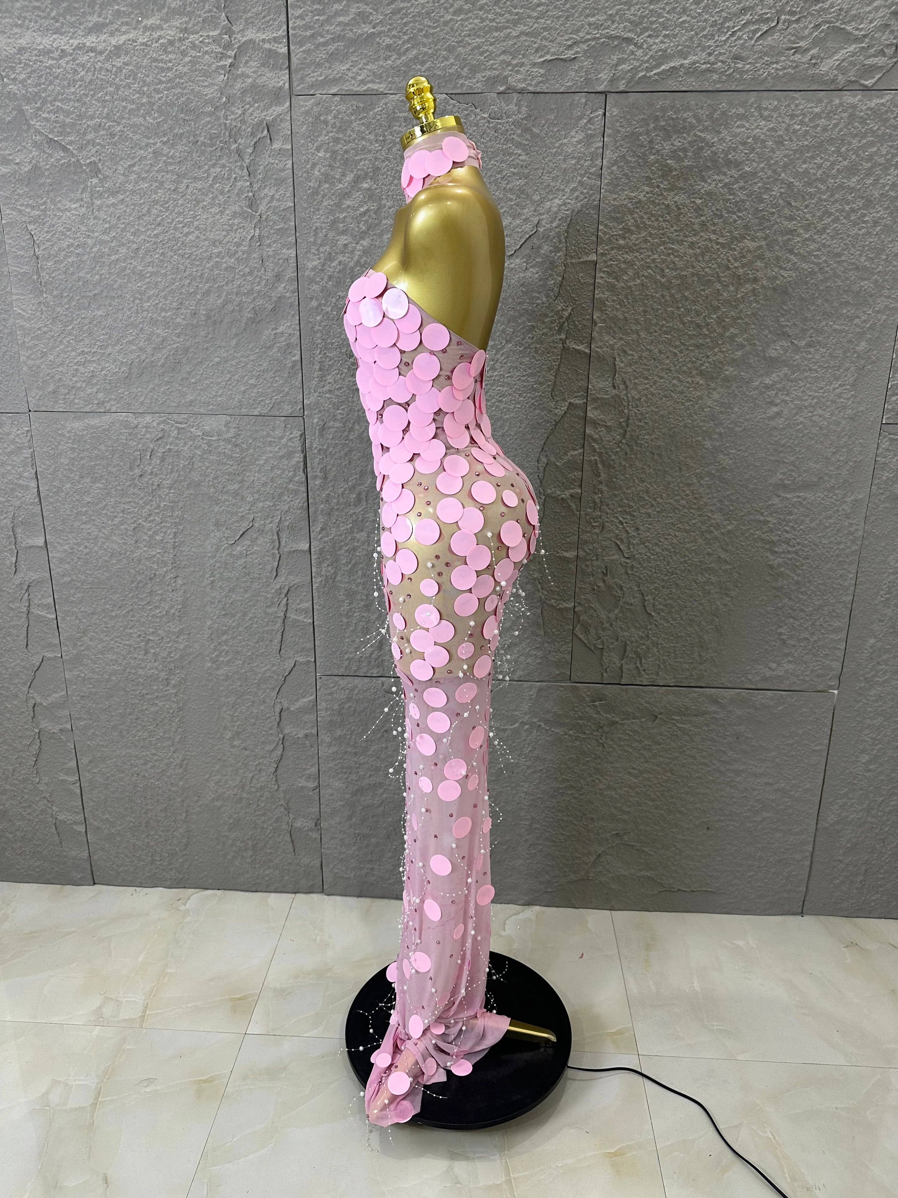 Sexy Pink Halter Neck Slim-fit Maxi Dress Women Pink Disc Pearl Mermaid Outfit Wedding Guest Evening Party Nightclub Costume