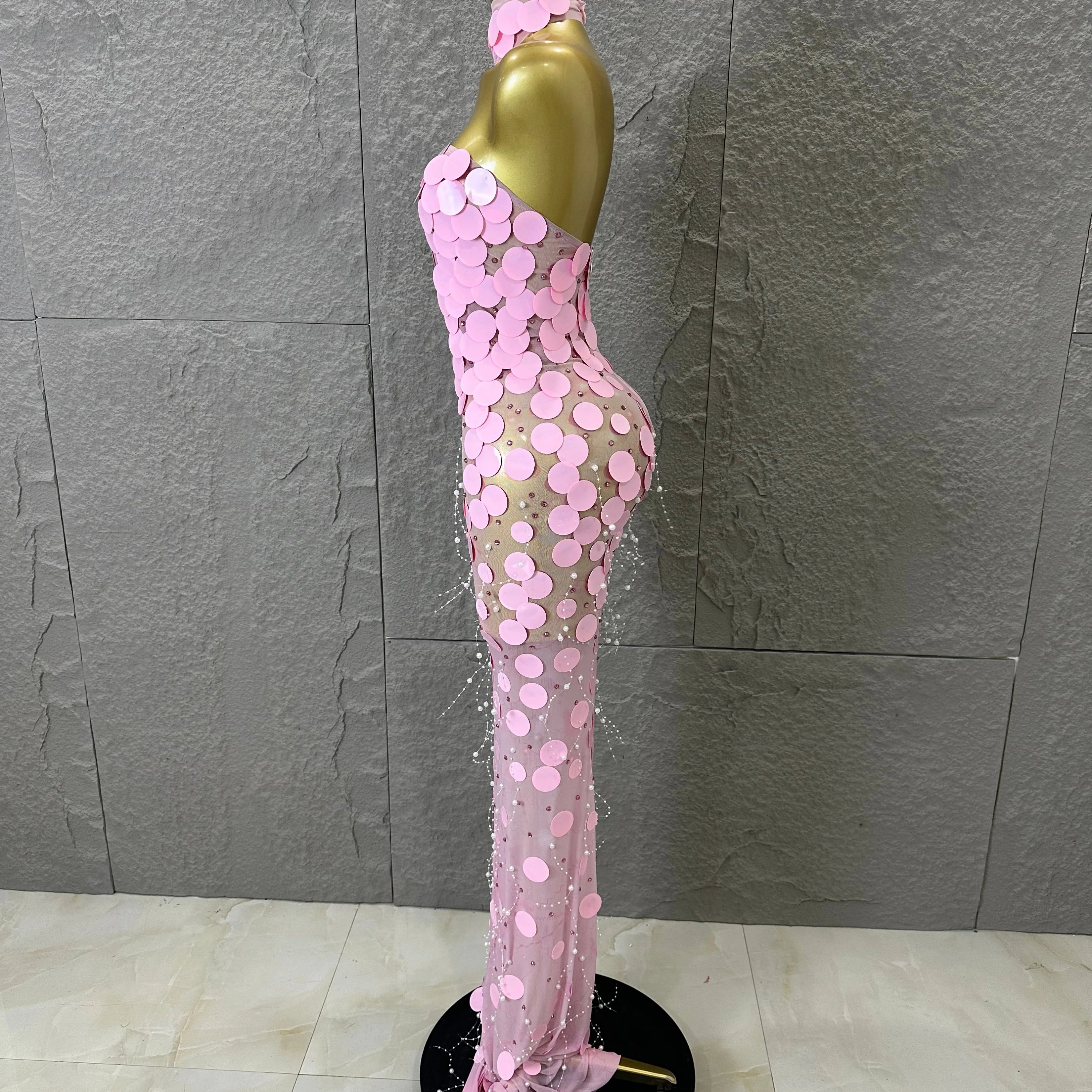 Sexy Pink Halter Neck Slim-fit Maxi Dress Women Pink Disc Pearl Mermaid Outfit Wedding Guest Evening Party Nightclub Costume