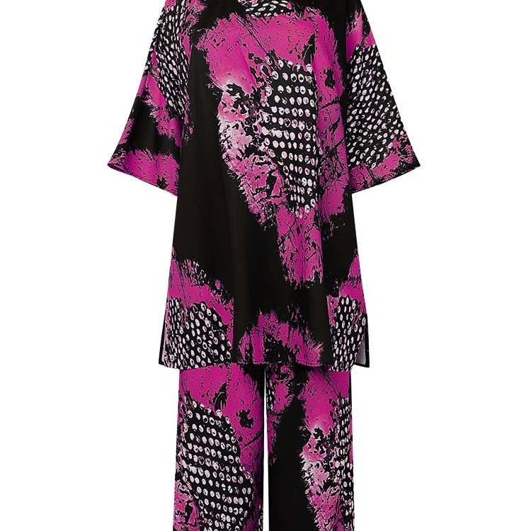 Plus Size 5XL VONDA Women Vintage Pant Sets Print Long Top and Wide Leg Pants Casual Loose 2pcs Two-piece Summer Bohemian Outfit Dark Pink