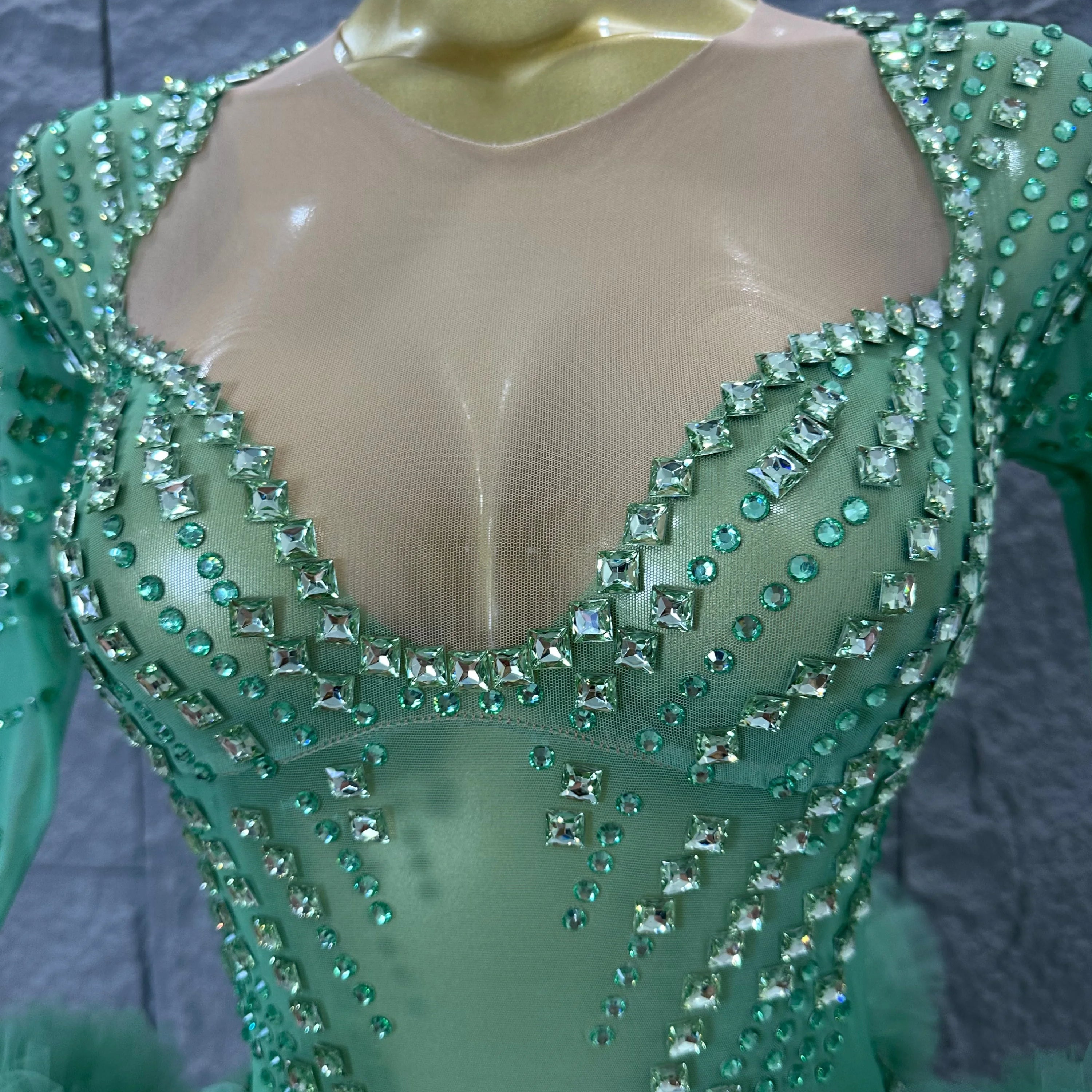 Sparkly Green Long Sleeve Bodysuit Women Stage Performance Sheer Mesh Rhinestone Embellished Ruffle Tulle Latin Dance Costume