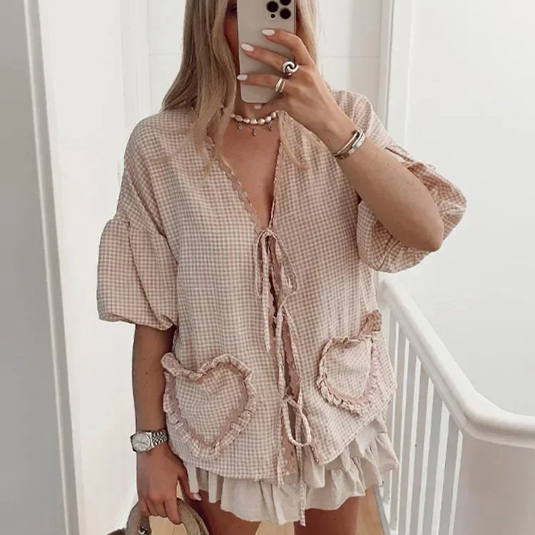 Fashion Plaid Ruffle Lace Up Shirt Women Sweet V Neck Half Puff Sleeve Heart Shaped Pocket Tops Female Loose Lady Street Blouse camel