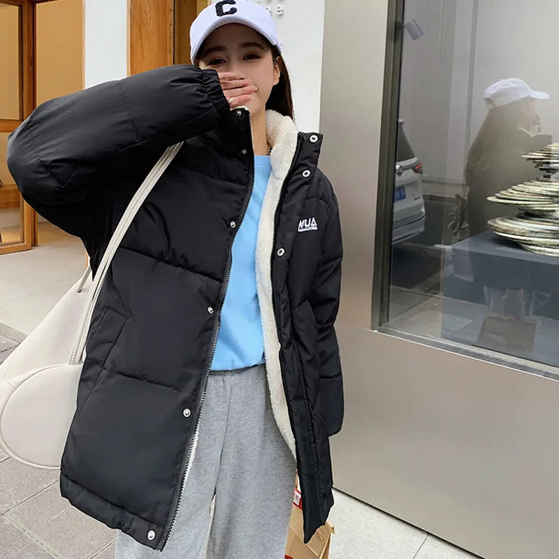 Womens Khaki Reversible Down Jackets Winter Baggy Comfortable Coat Thickening Warm Female Puffer Cotton Padded Jacket Outwear Black