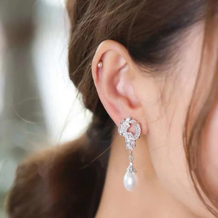 N Crown Princess with 925 Sterling Silver Plated Angel Wings 9-10MM Natural Freshwater Pearl Drop Earrings