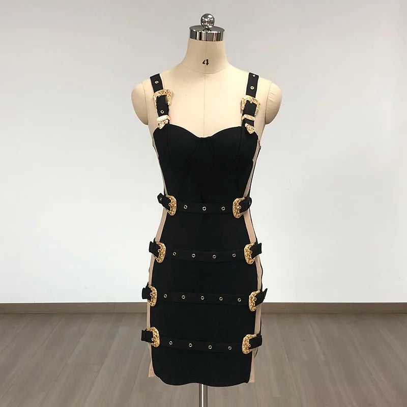 Women Sleeveless Sexy Square Collar Gloden Button Bodycon Hollow Out Mini Bandage Dress Celebrate Nightclub Party Wear black