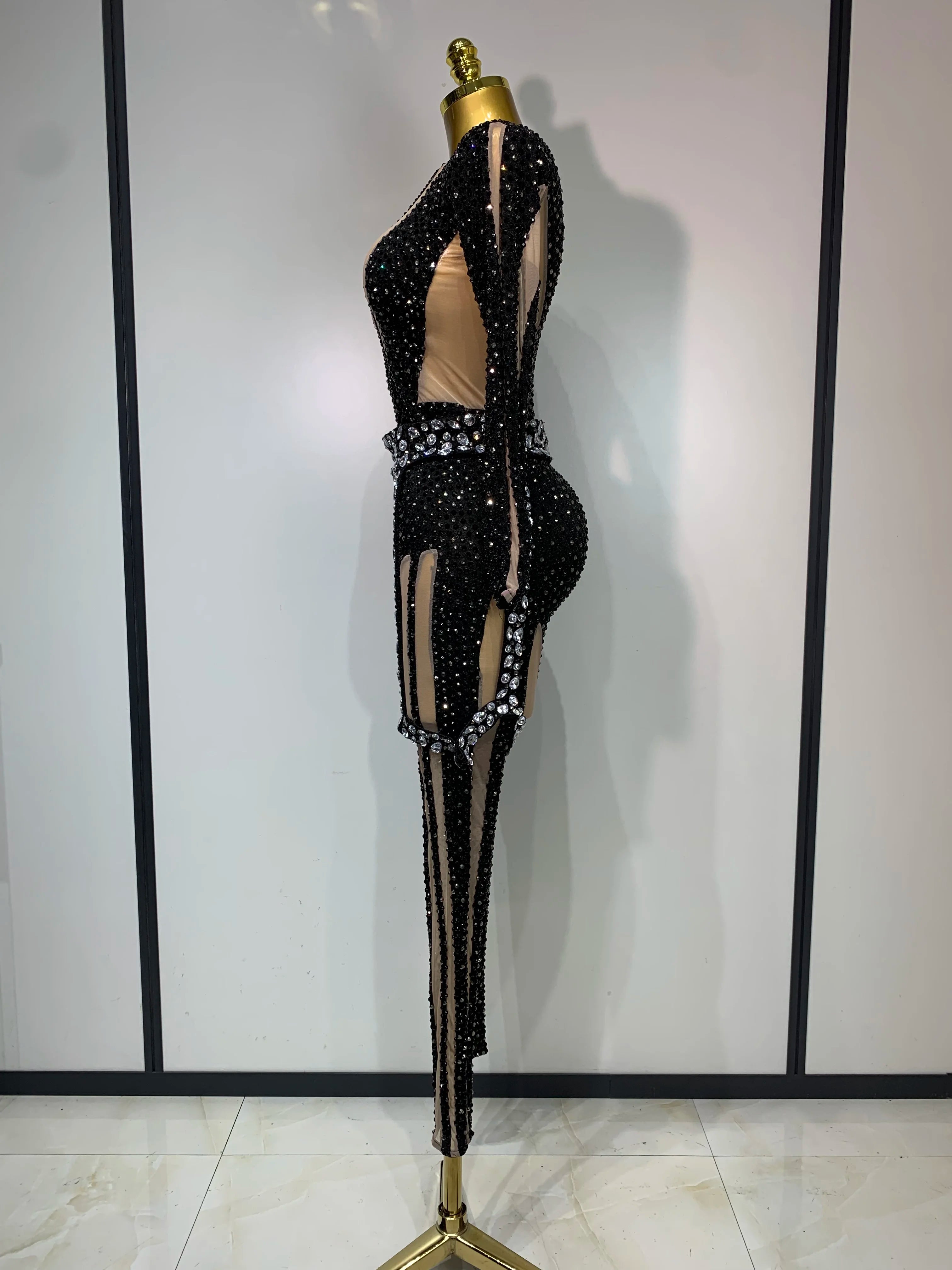 Sexy Sparkly Diamond Black Long Sleeves Bodycon Mesh Jumpsuit Evening Party Nightclub Bar Singer Performance Stage Costume