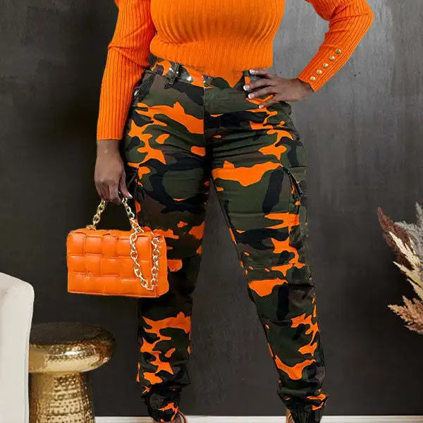 Women’s Camouflage Printed Slim Cargo Pants 2024 Spring/Summer Pocket Jogger Street Fashion Safari Trousers
