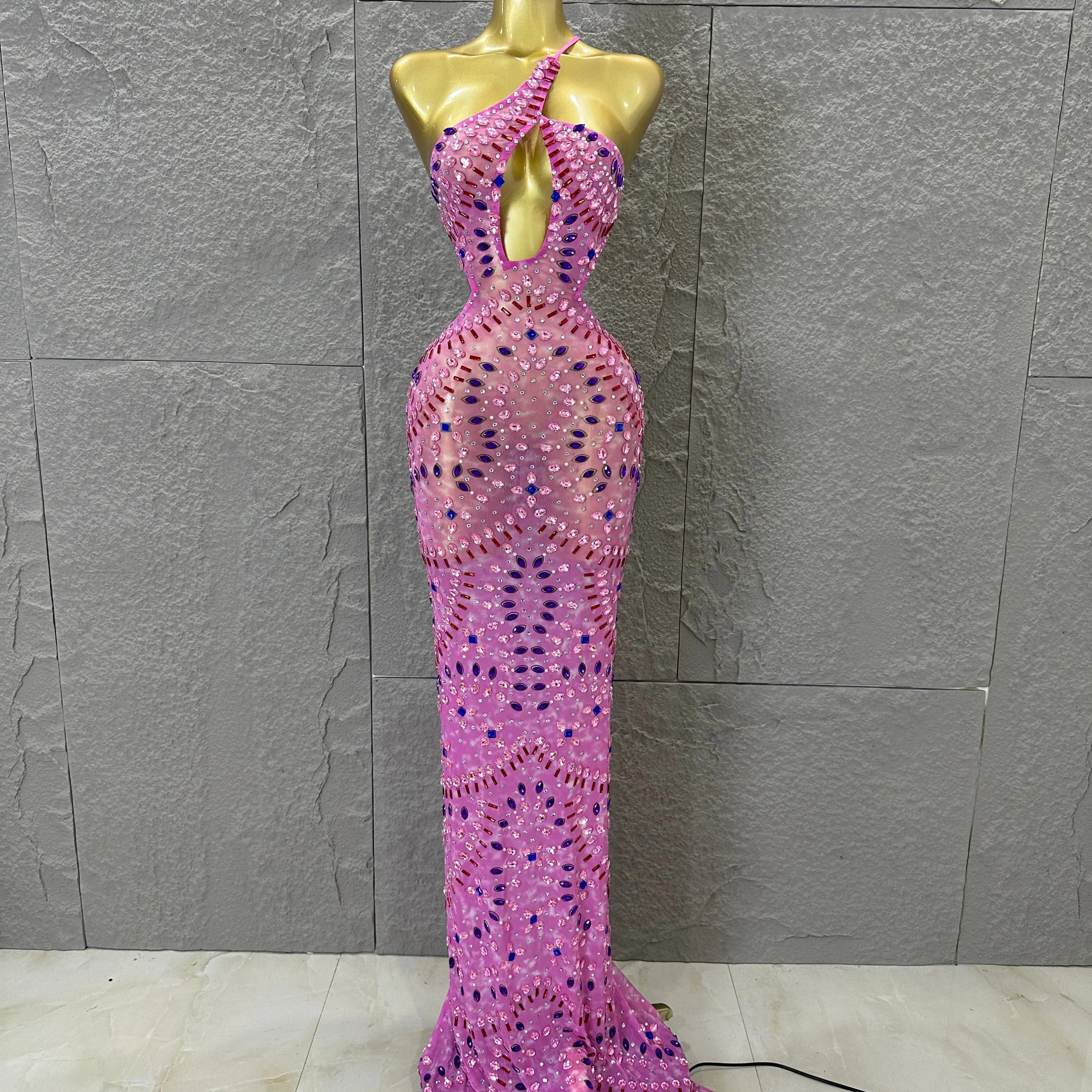 Women Sexy Cutout Full Crystal Embellished Bodycon Mermaid Outfit Sheer Mesh Maxi Dress Stage Performance Evening Party Costume Pink