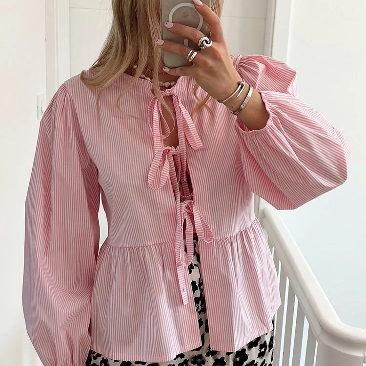 Elegant Striped Lace Up Women Shirts Chic Bow Puff Sleeve O-neck Hollow Out Female Blouses Spring Summer Casual Streetwear