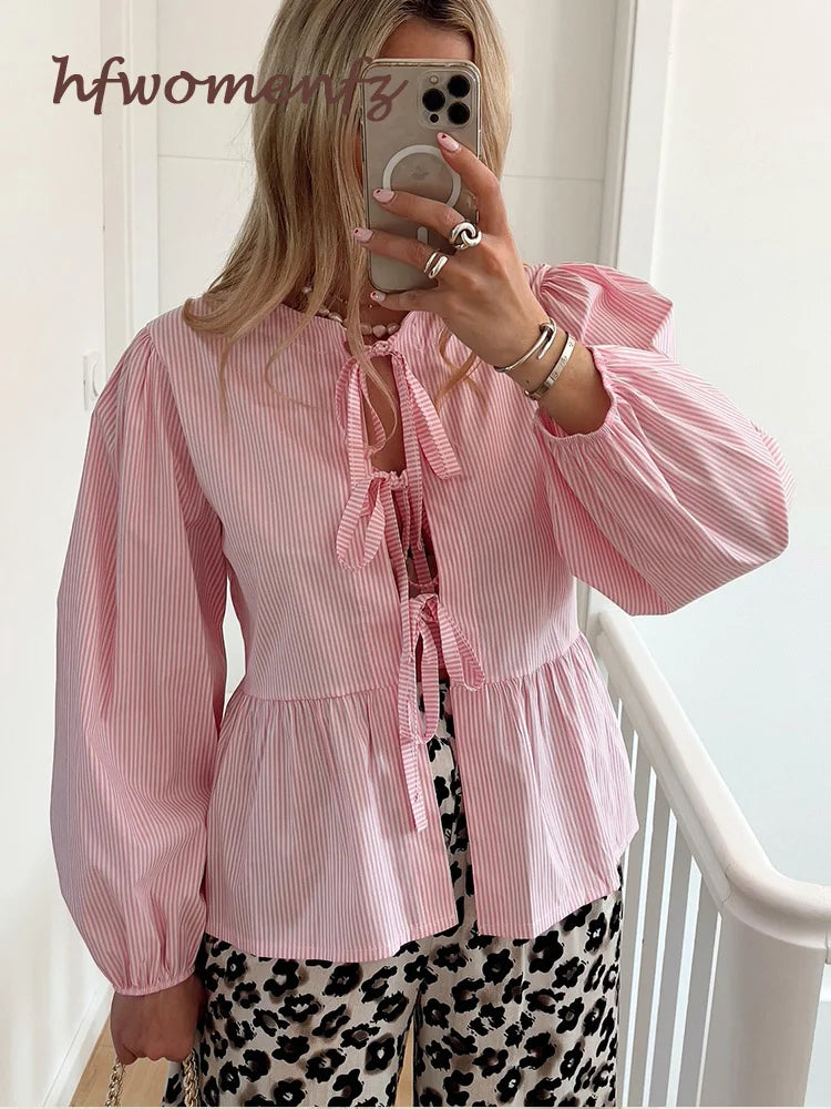Elegant Striped Lace Up Women Shirts Chic Bow Puff Sleeve O-neck Hollow Out Female Blouses Spring Summer Casual Streetwear