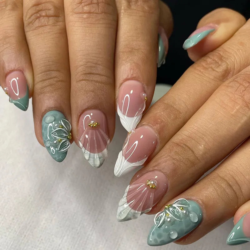24Pcs 3D Shell Pattern Press on False Nails with Green Camellia Design Short Round Head Wearable Almond French Fake Nail Set 1078