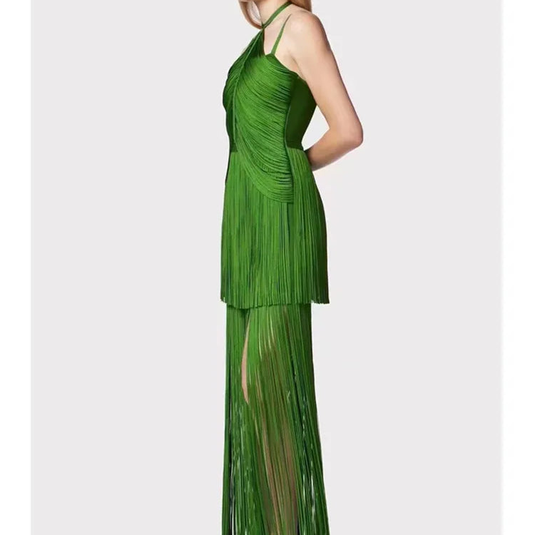 Women Celebrity Luxury Sexy Backless Tassel Green Ankle Length Bodycon Bandage Dress Elegant Evening Club Party Outfit