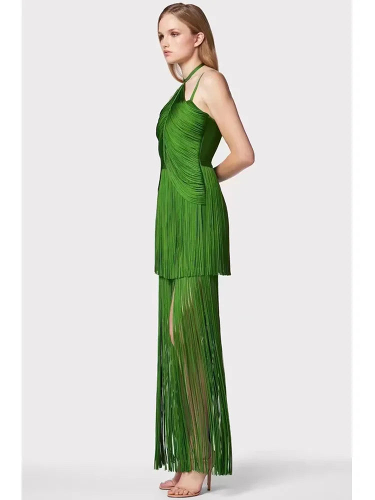 Women Celebrity Luxury Sexy Backless Tassel Green Ankle Length Bodycon Bandage Dress Elegant Evening Club Party Outfit