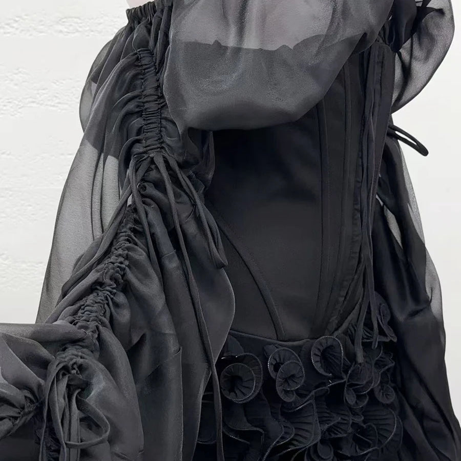 Solid Slimming Spliced Lace Up Mini Dresses for Women Slash Neck Long Sleeves Patchwork Fungus Folds Dress Female