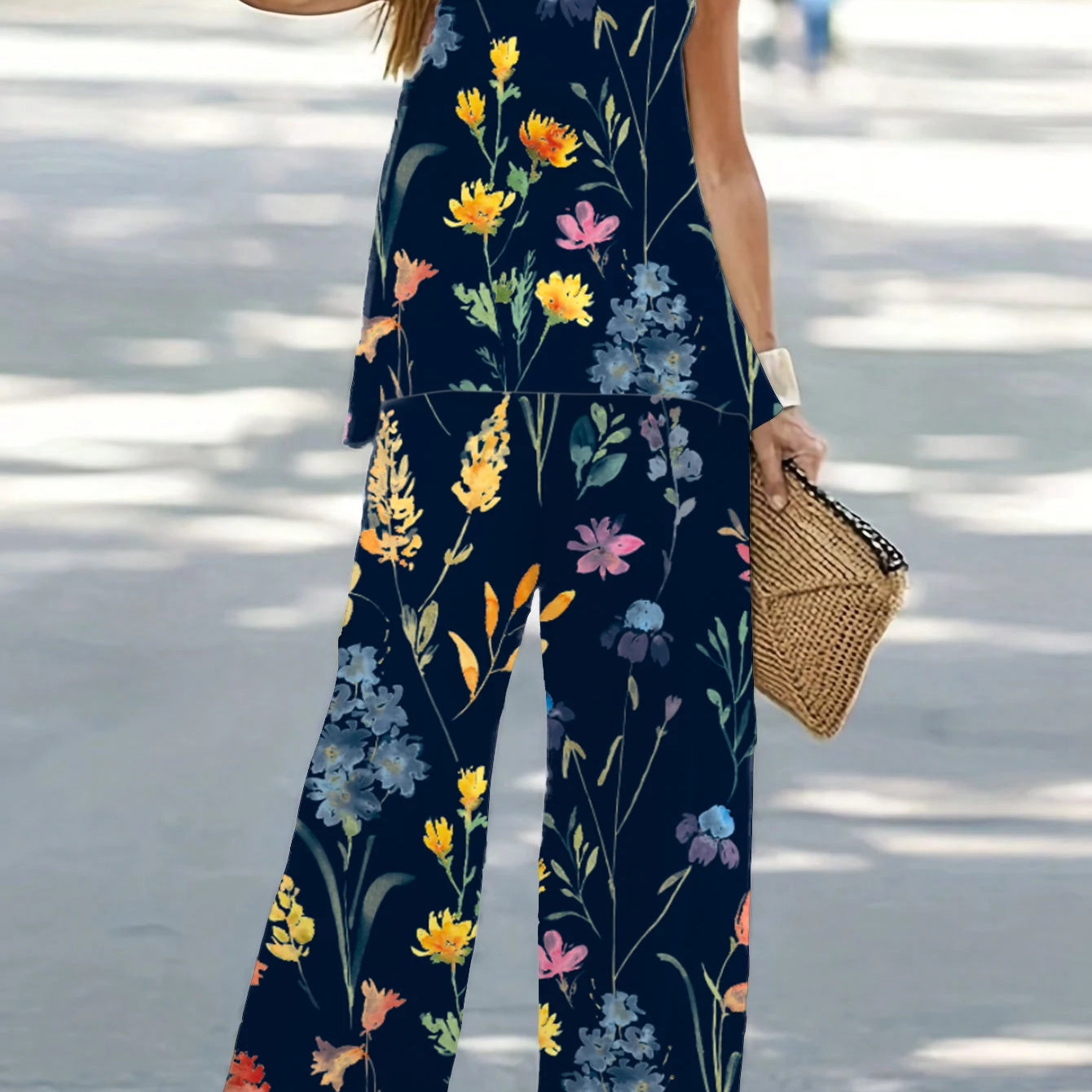 1XL-8XL Plus Size Women's Casual Outfits Two Piece Set Solid Round Neck Tank Top Wide Leg Pants Outfits 2 Piece Set Navy Blue