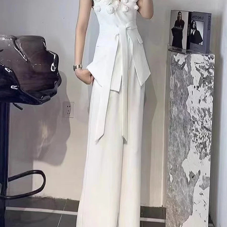 Solid Spliced Applique Two Piece Sets for Women V Neck Sleeveless Patchwork Lace Up Top High Waist Skirt Set Female WHITE