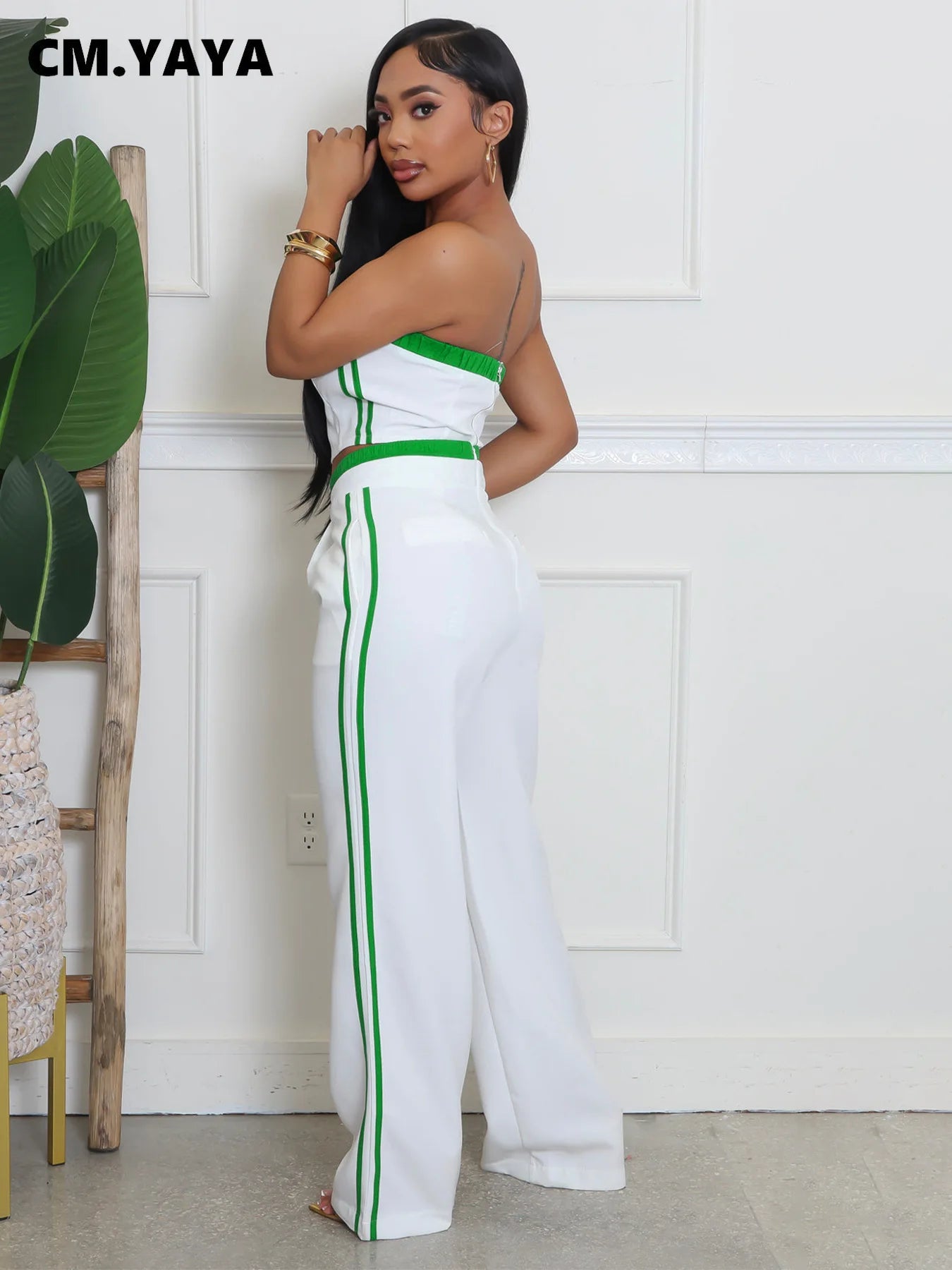 2025 Women's Set Sleeveless Ribbon Strapless Tops + Wide Leg Pants Fitness Streetwear Two 2 Piece Sets Outfits Tracksuit