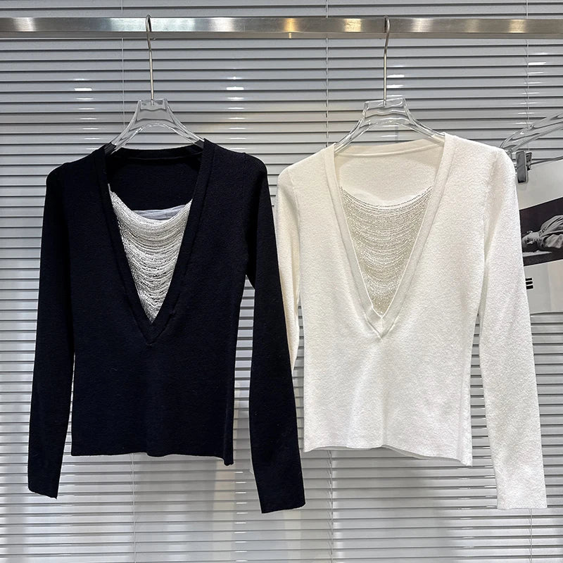 Winter New Fashion V-Neck Beaded Diamond Chain Design Knitted Sweater For Women Versatile Solid Color Top 11A07524