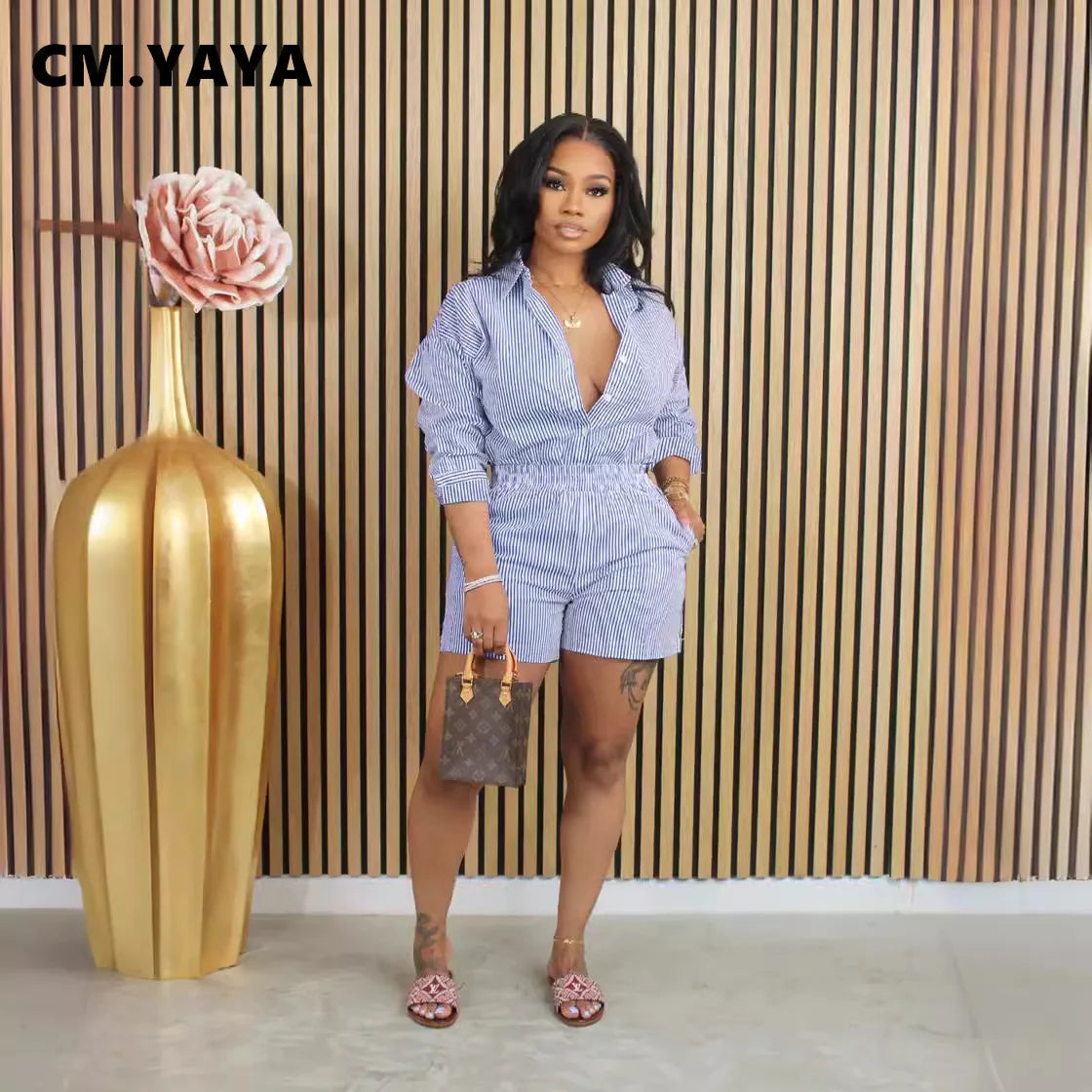 Street Striped Print Women's Set Full Sleeve Shirt and Shorts Suit 2024 Cute Girl Summer Two 2Piece Set Outfit Tracksuit