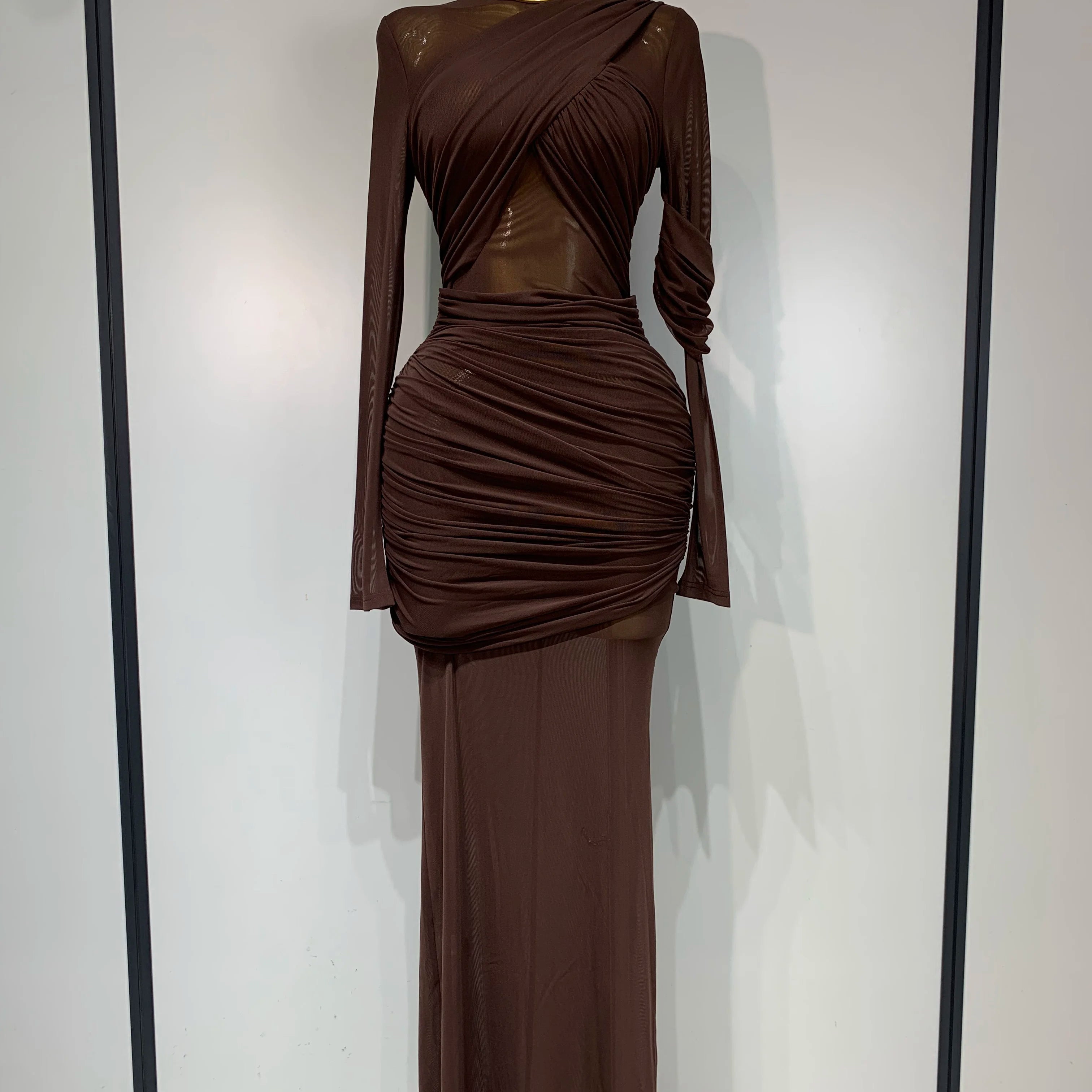 Elegant Brown Mesh Fold Long Sleeve Bodycon Dress Women 2025 Evening Party Club Sexy Perspective Fashion Luxury Birthday Dresses Dark Brown