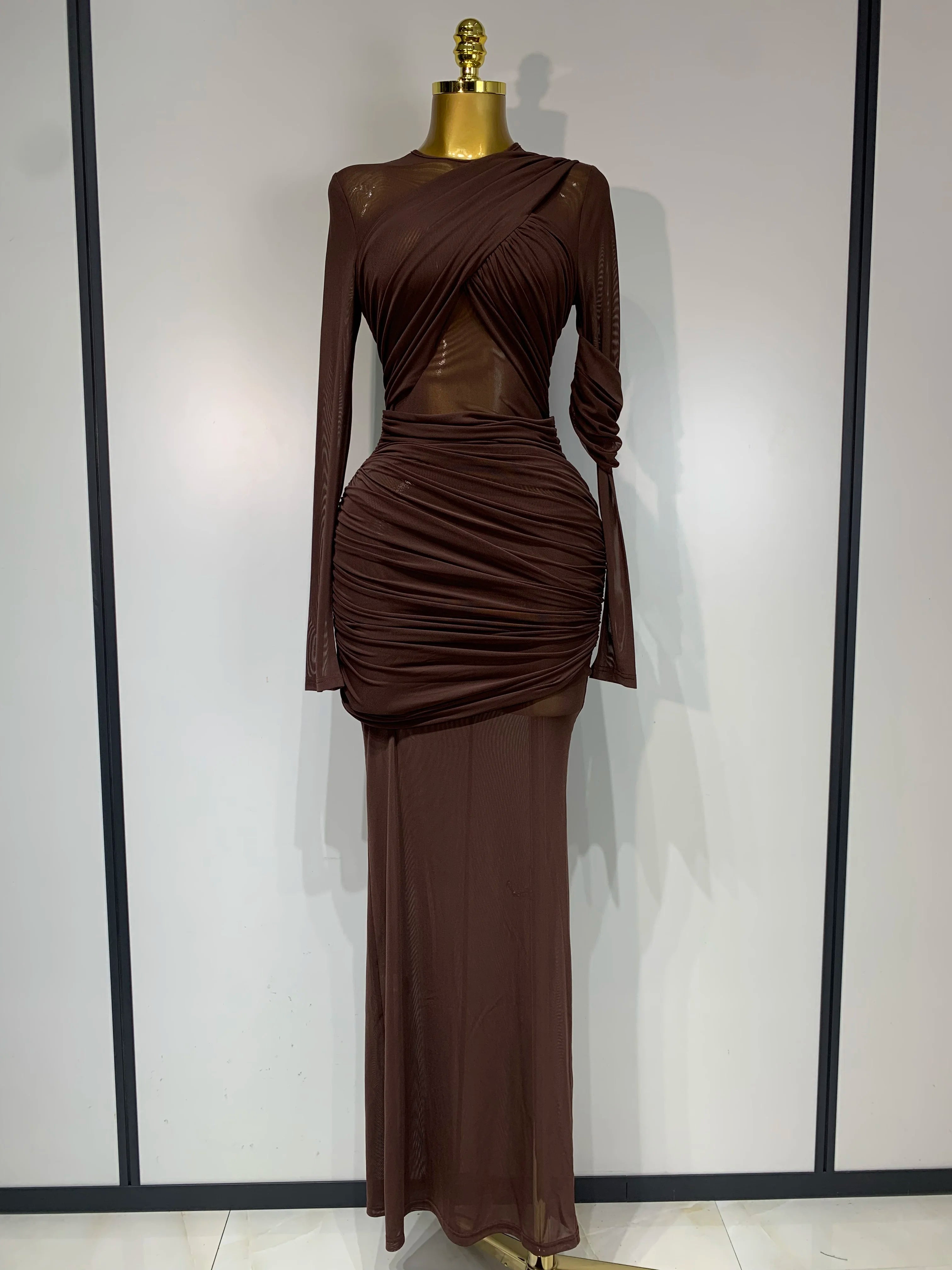 Elegant Brown Mesh Fold Long Sleeve Bodycon Dress Women 2025 Evening Party Club Sexy Perspective Fashion Luxury Birthday Dresses Dark Brown