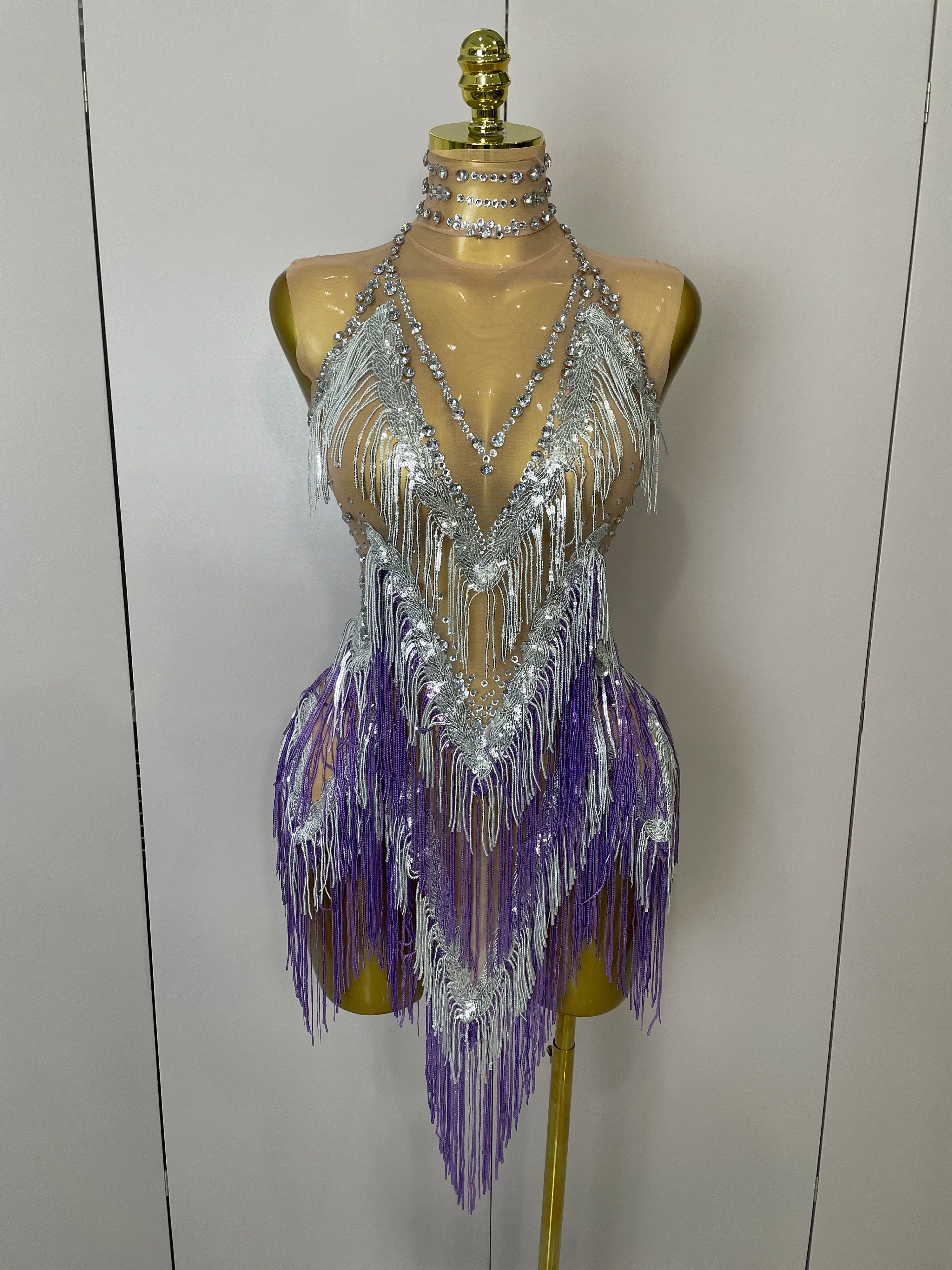 Stock 2025 Women Sexy Stretch Mesh Sparkly Rhinestone Tassels Mini Dress Nightclub Singer Dance Stage Costume Evening Gowns PURPLE