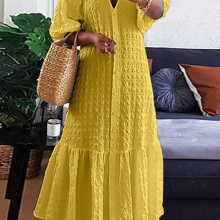 Plus Size 5XL VONDA Women Shirt Dress 2024 Summer Sexy V Neck Buttons Half Sleeve Long Maxi Vestidos Bohemian Elegant Party Robe Yellow