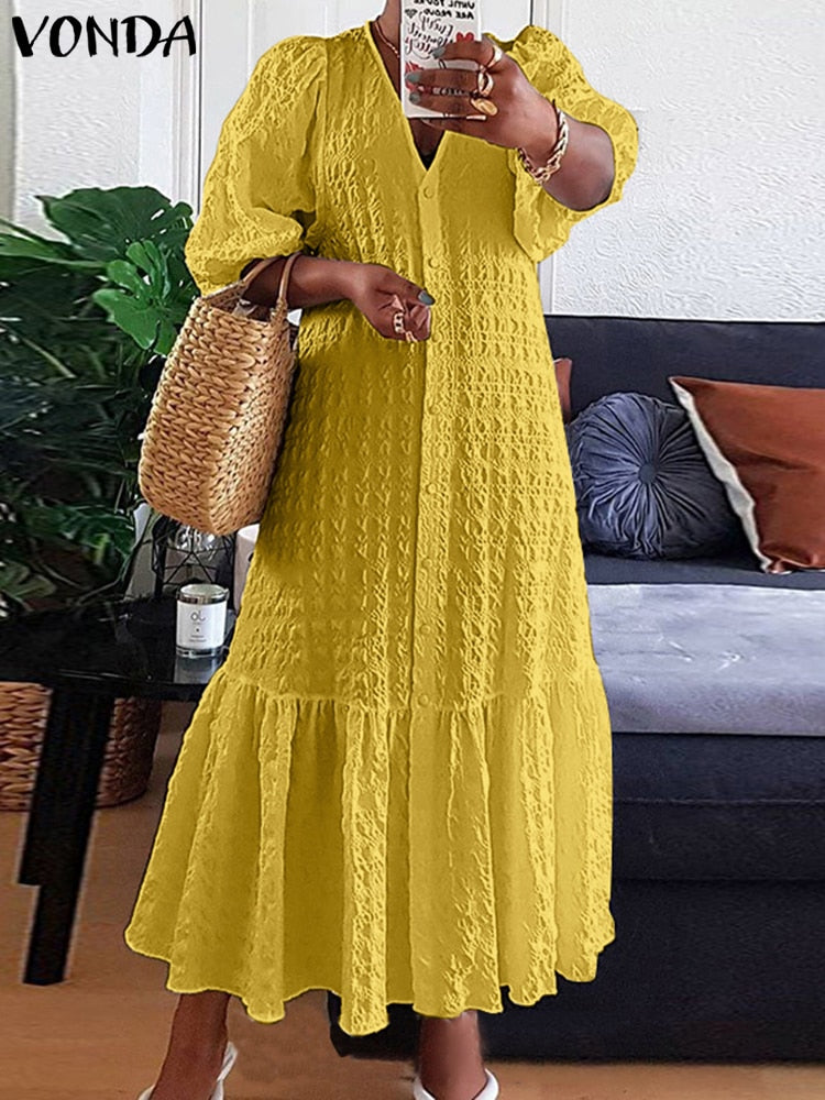 Plus Size 5XL VONDA Women Shirt Dress 2024 Summer Sexy V Neck Buttons Half Sleeve Long Maxi Vestidos Bohemian Elegant Party Robe Yellow