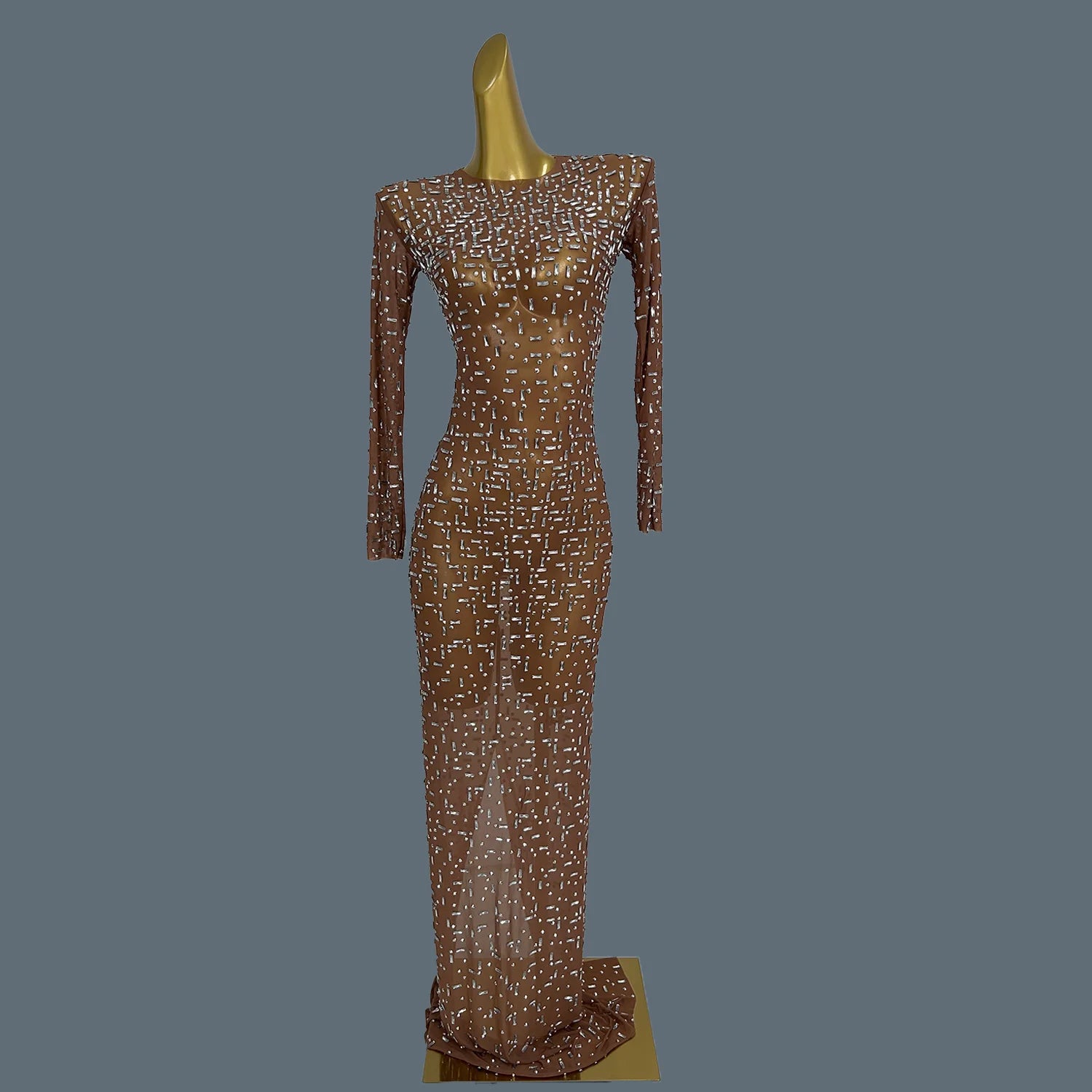 Women Elegant Sexy See Through Cocktail Dress Sparkly Full Rhinestones Long Sleeve Prom Evening Birthday Party Gown Bailian Brown