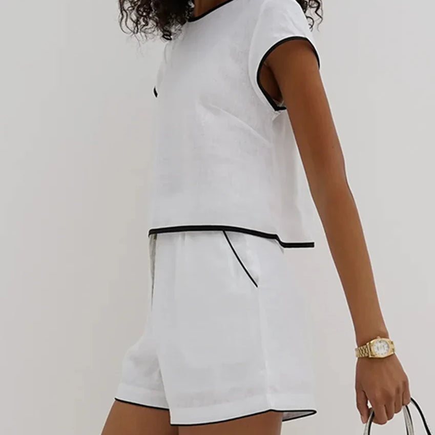 Clacive Casual Loose Blue Cotton 2 Piece Sets Women Outfit Elegant Short Sleeve Shirt With High Waist Shorts Set Female