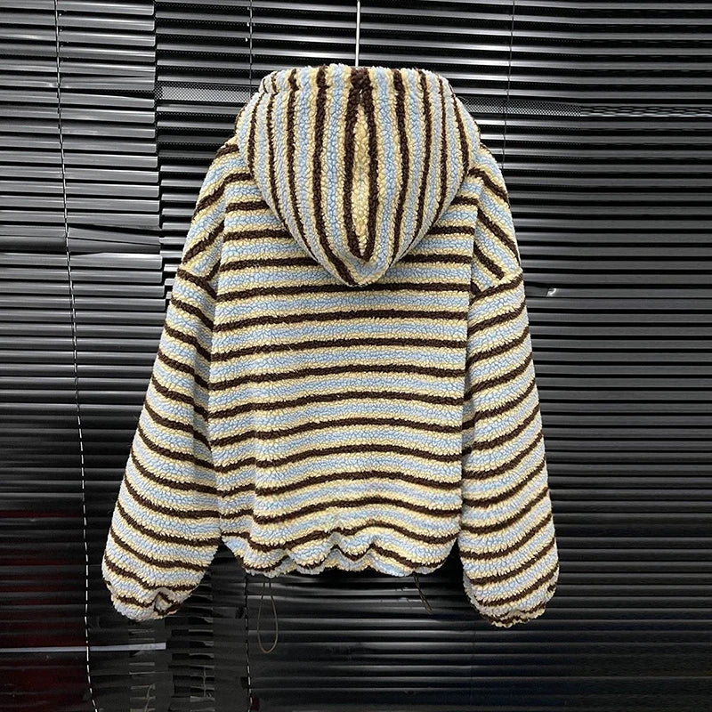 Autumn Winter New Plush Striped Two-pieces Set For Women Warm Thickened Hooded Sweatshirt Casual Shorts 11A07889