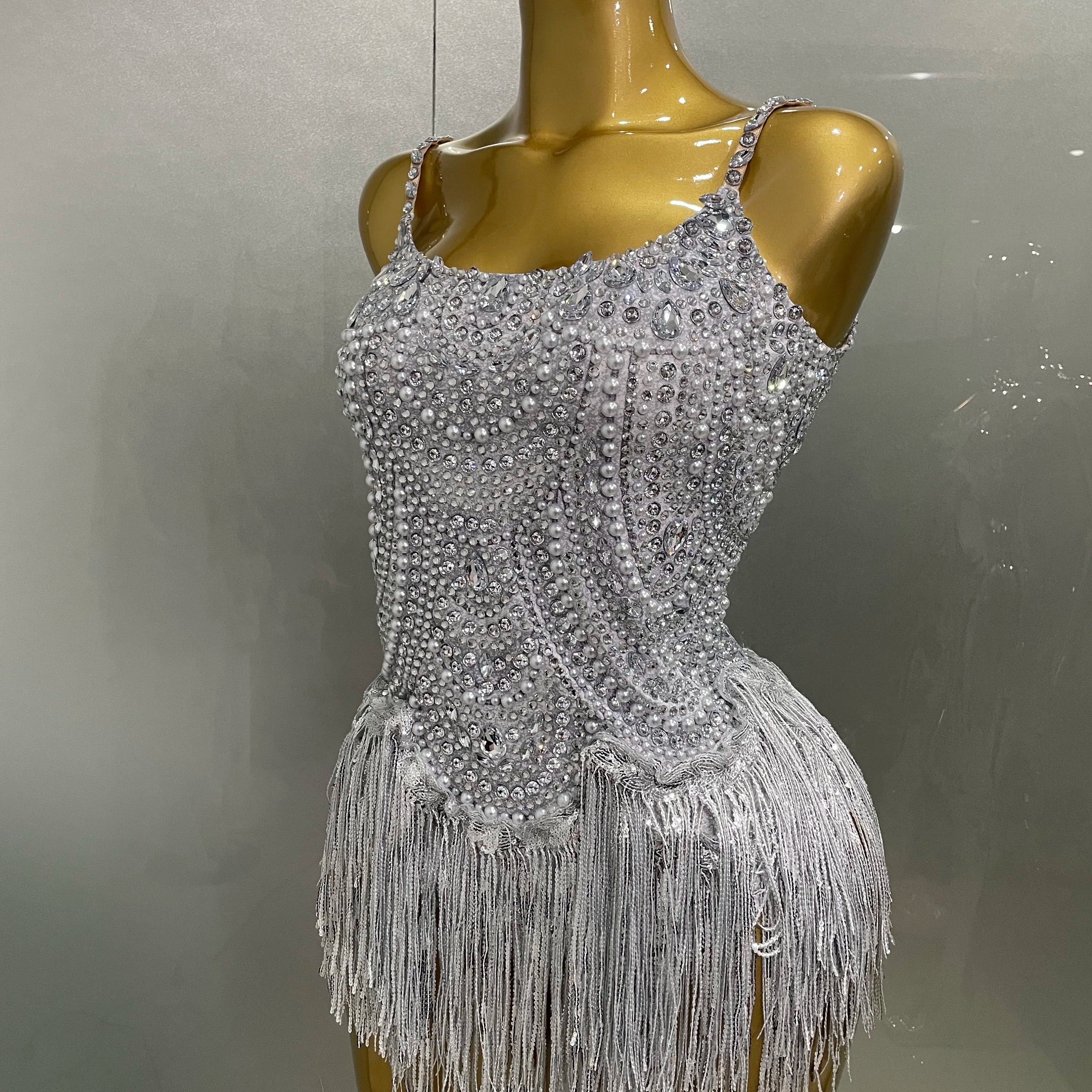 Sparkly Silver Rhinestones Pearl Tassels Bodysuit 2025 New Women Sexy Eveing Birthday Party Nightclub Stage Performance Costume