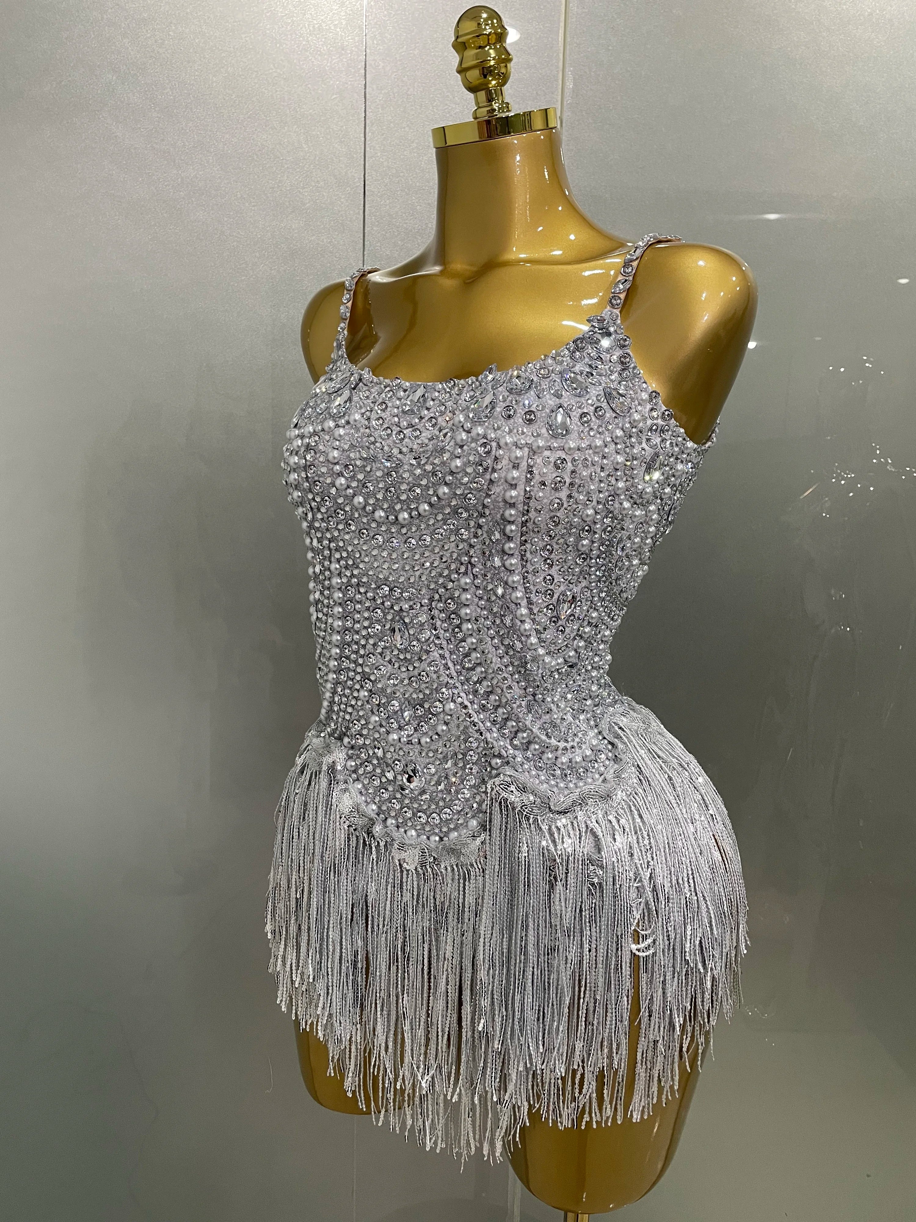 Sparkly Silver Rhinestones Pearl Tassels Bodysuit 2025 New Women Sexy Eveing Birthday Party Nightclub Stage Performance Costume