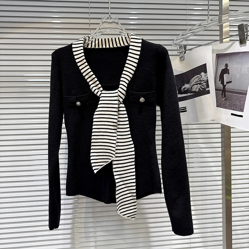 Winter New Fashion V-Neck Striped Tie Scarf Stretch Knitted Sweater For Women Versatile Slim Fit Cardigan 11A07931 Black One Size