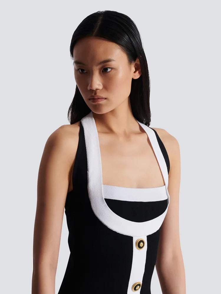 Women Celebrity Sexy Backless Halter Button Bodycon Black Mini Bandage Dress 2025 Elegant Evening Club Party Outfit