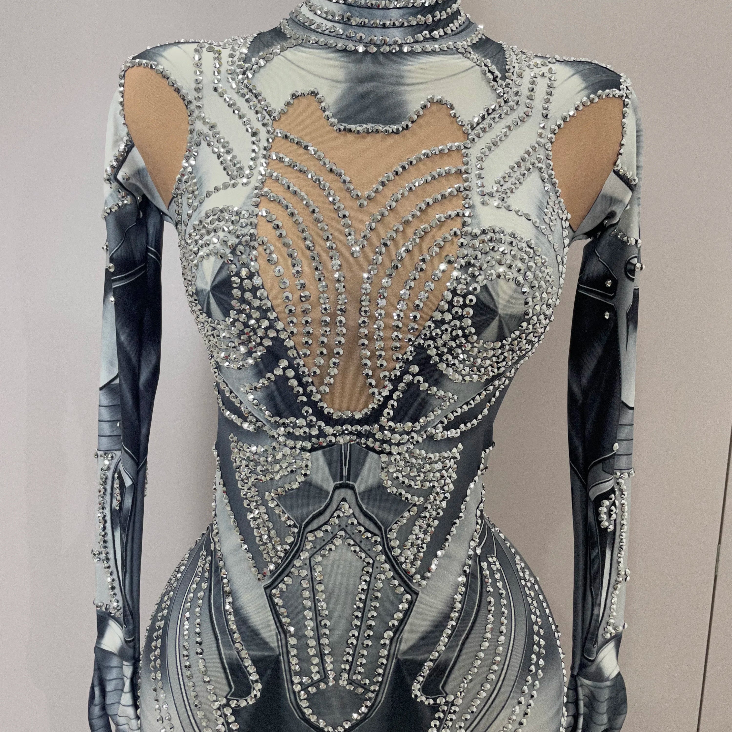 2025 New Trendy Women Sexy Rhinestones Printed Skinny Jumpsuit High Street Performance Dance Costume Bar Club Show Stage Wear