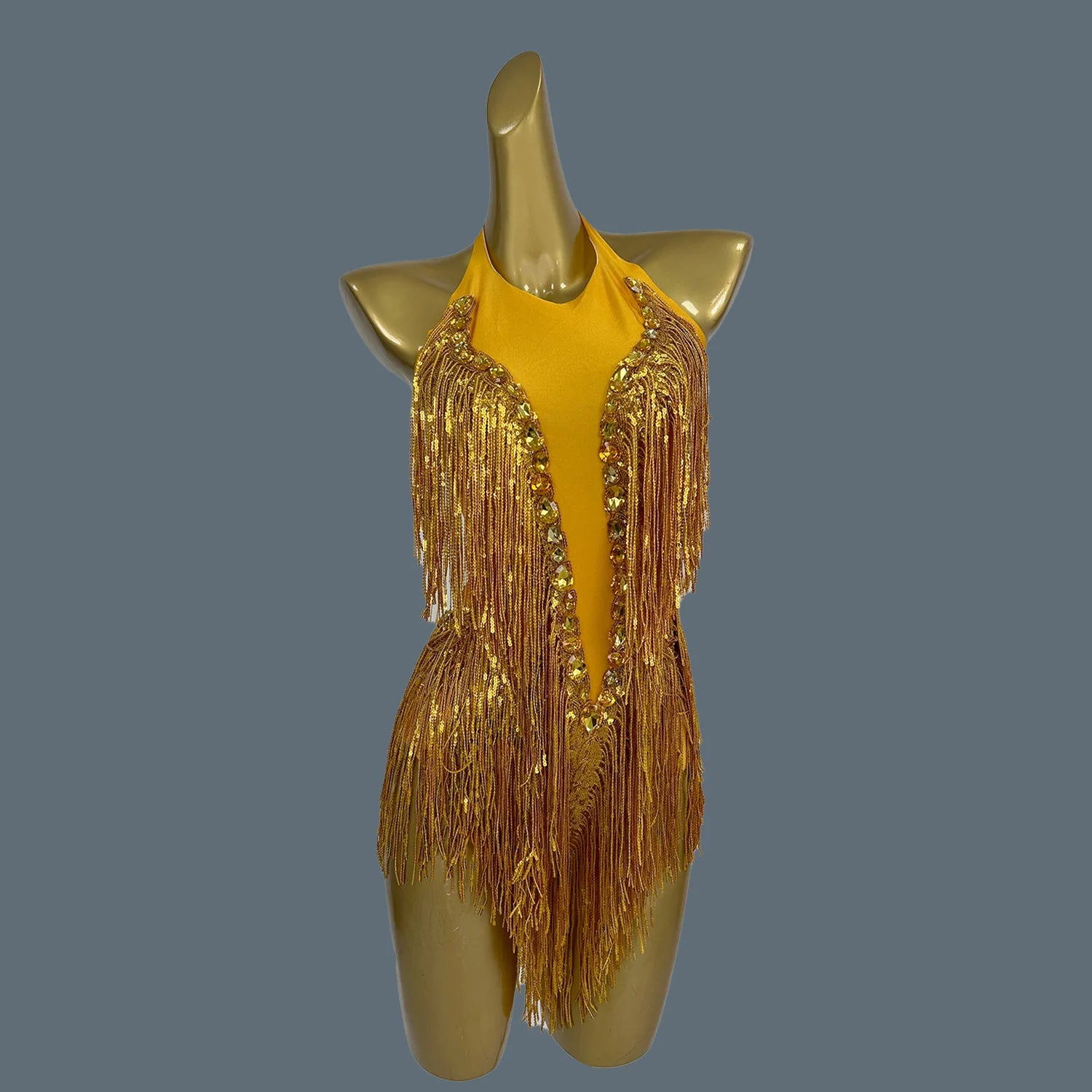 Sparkly Gold Rhinestone Tassel Tight Fit Bodysuit Women Dance Outfit Nightclub Bar Performance Costume Stage Wear Shuye Yellow Gold One Size