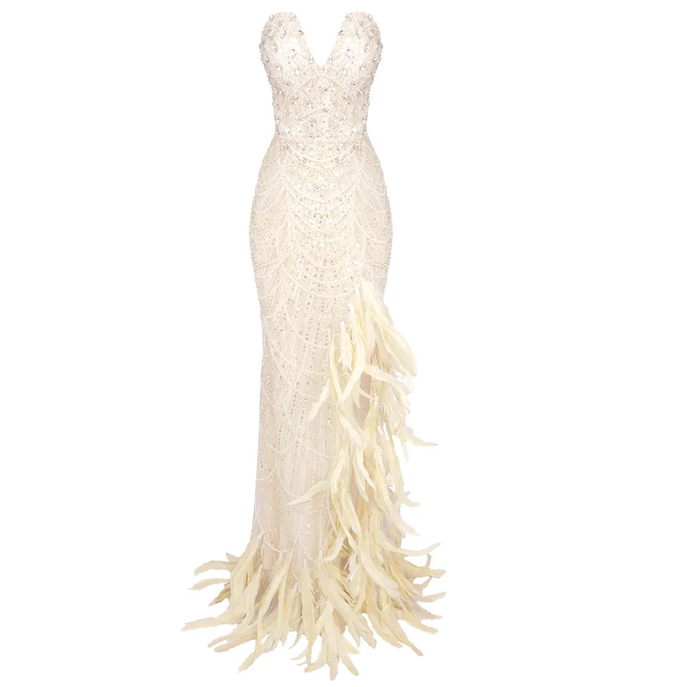 Nude Strapless Crystals Embellished Long Dress Sheath Low V Neck Sleeveless Feather High Side Slit Floor Length Evening Gown Beige