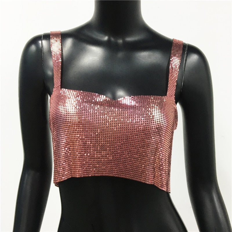 Sexy Metal Sequin Tank Top For Women y2k Summer Beach Backless Crop Top Rave Festival Club Outfits Camisole pink One Size