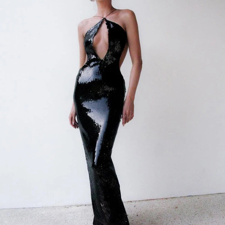 Women'S Luxury Party Dress Sexy Backless Black Sequins Long Dress For Special Events Female Clothing