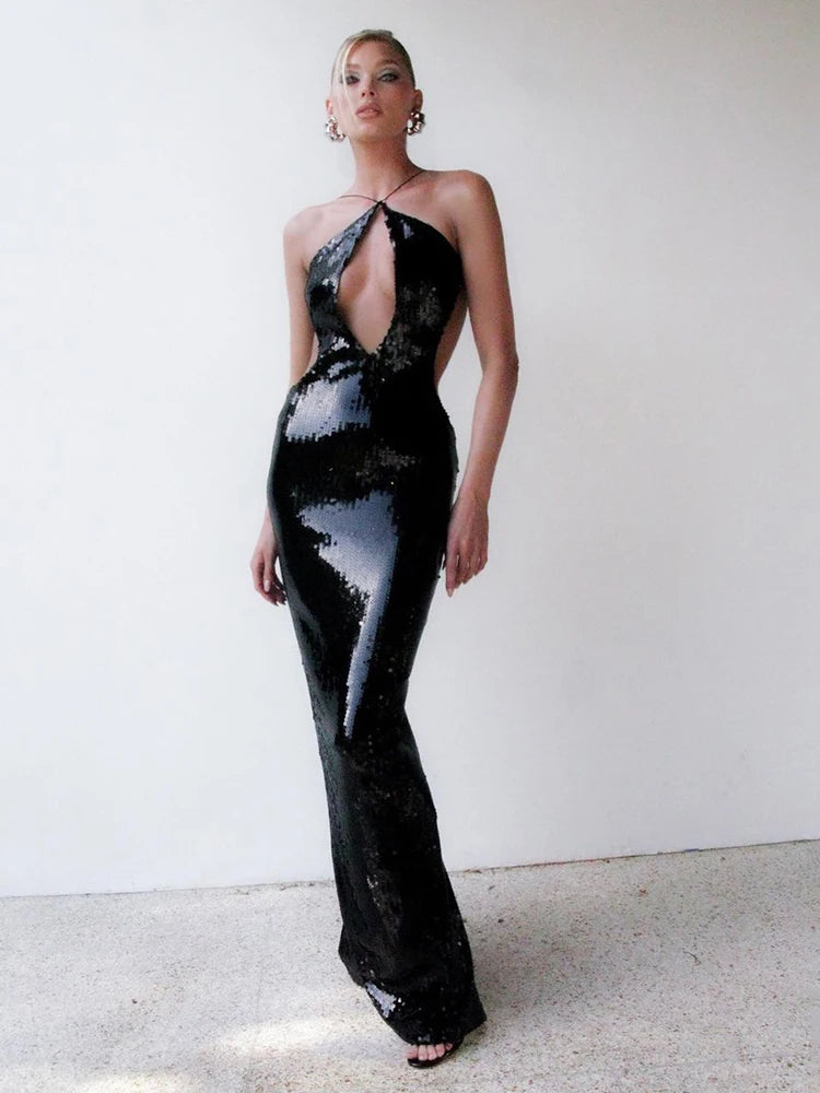 Women'S Luxury Party Dress Sexy Backless Black Sequins Long Dress For Special Events Female Clothing