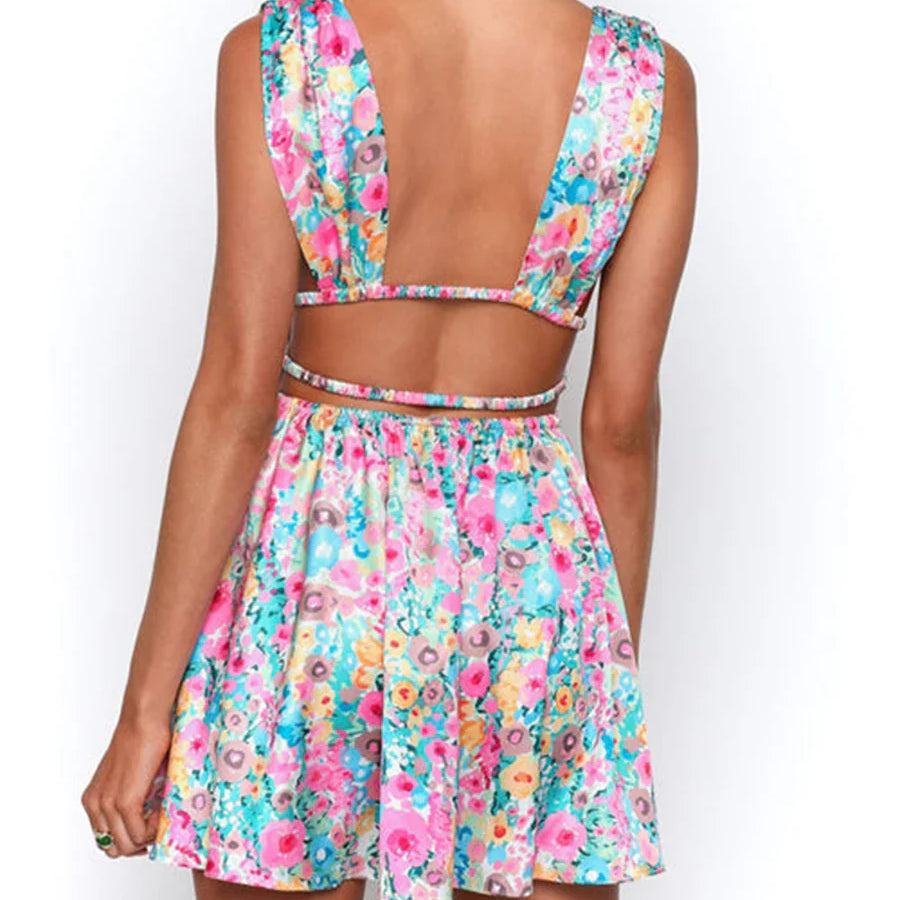 New Backless Sexy Women Mini Dress Sleeveless V Neck Backless Flower Print Summer Club Party Dress Sundress Streetwear S M L