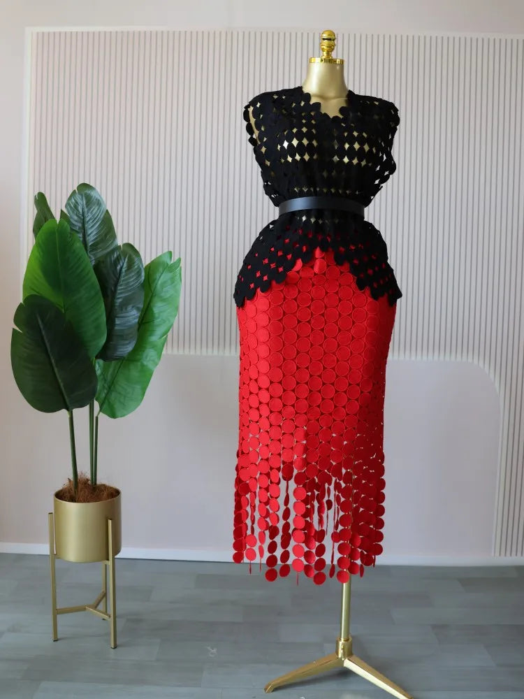 CM.YAYA Women Cutout O-neck Crop Top and Bodycon Midi Slim Maxi Long Skirt Suit 2025 Summer Vacation Sexy Two 2Piece Set Outfits