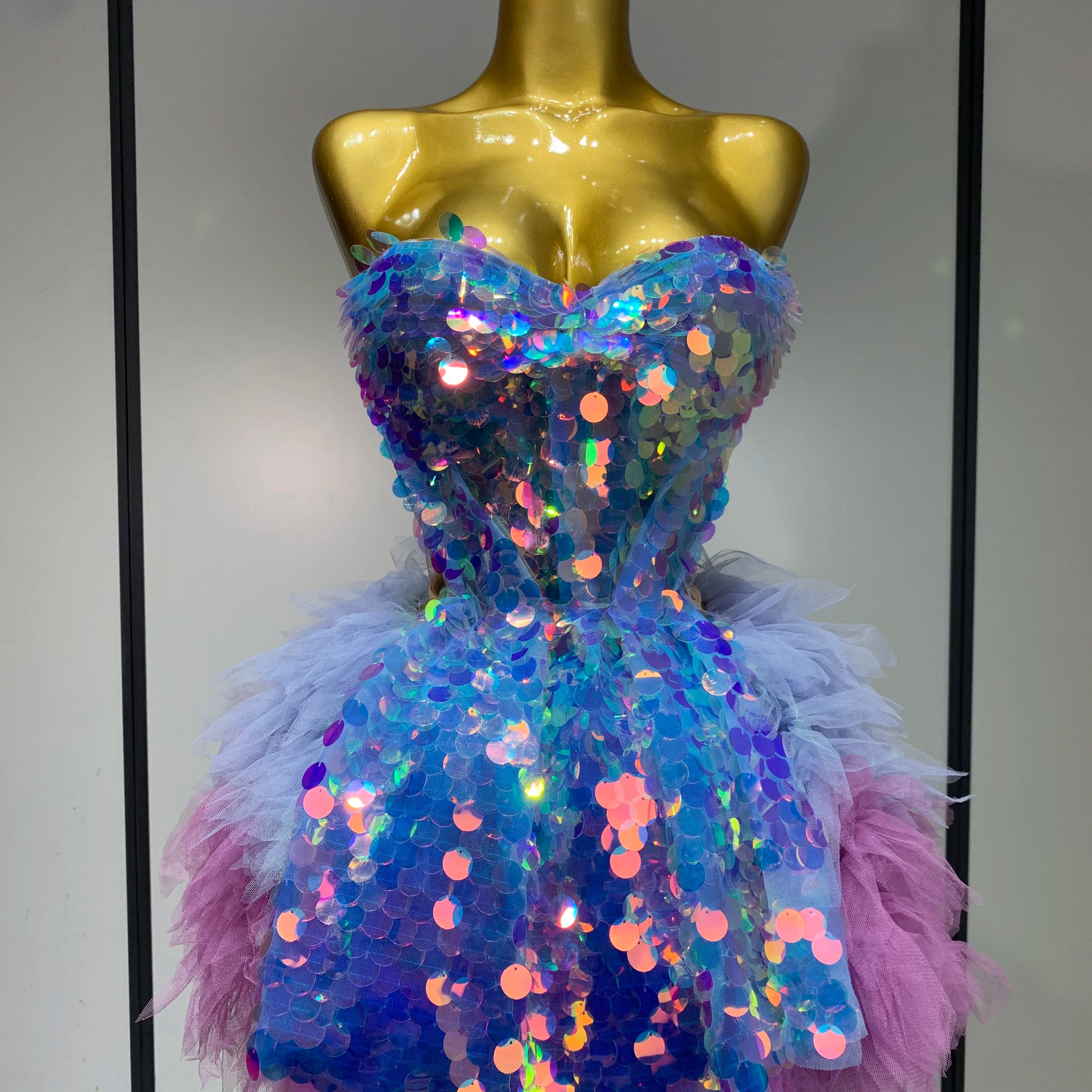Sparkly Sequins Ruffles Two Pieces Set Sexy Backless Top Skirt Set Nightclub Performance Dance Dress Singer Stage Outfit SKY BLUE