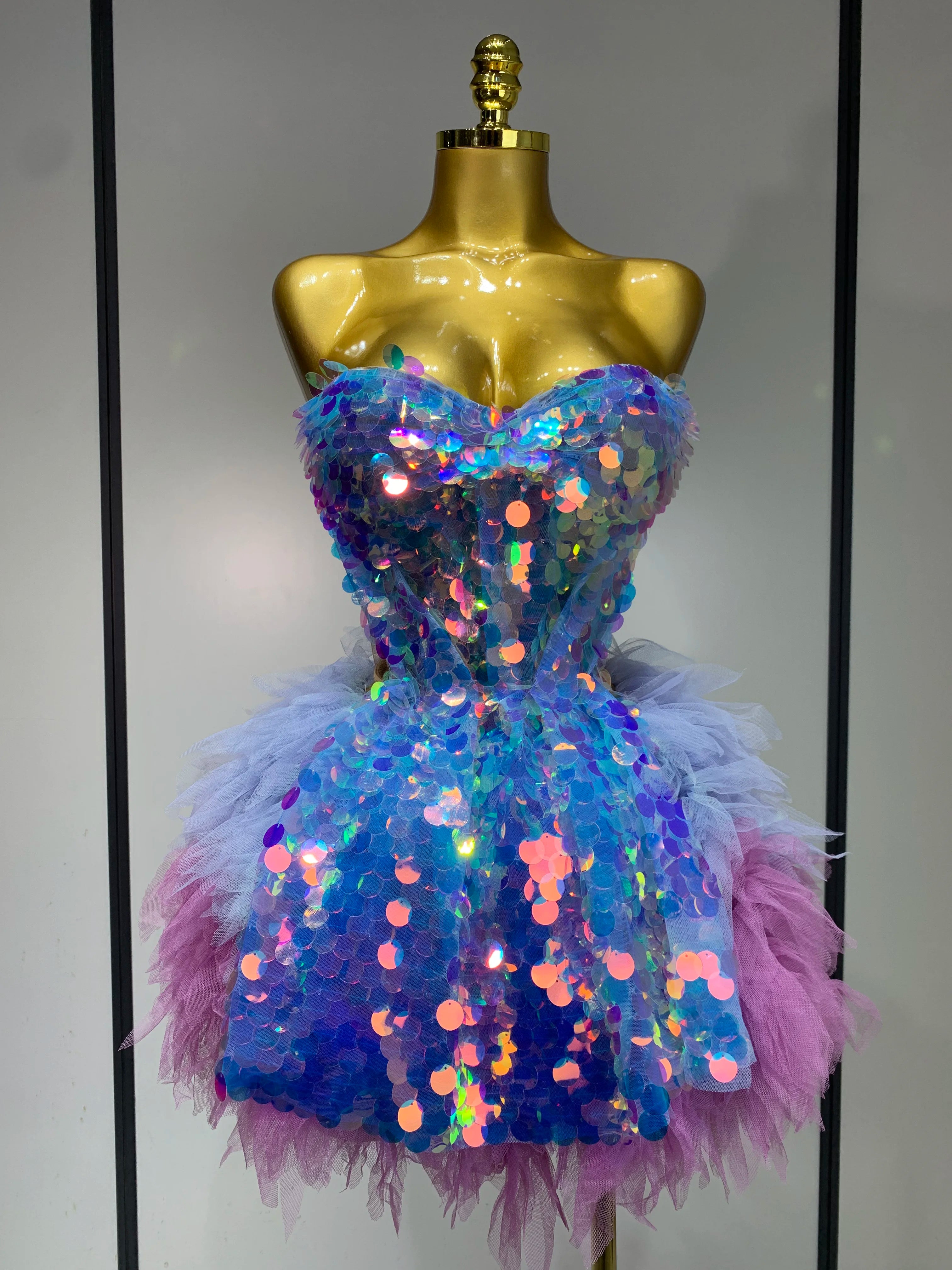 Sparkly Sequins Ruffles Two Pieces Set Sexy Backless Top Skirt Set Nightclub Performance Dance Dress Singer Stage Outfit SKY BLUE