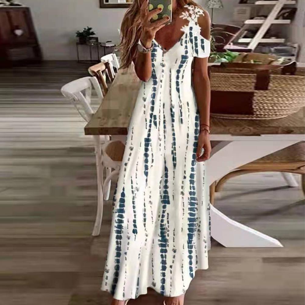 Women Floral Print Maxi Dress Boho Lace Sling Hollow Out A Line Long Dress Ladies Casual Loose V-Neck Beach Party dress Vestidos Style6