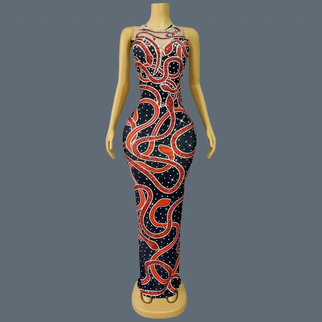 Sexy Red Snake Pattern Sparkly Rhinestone Party Maxi Dress For Women Club Show Skinny Chic Dress Event Evening Dress Hongshewu as shown