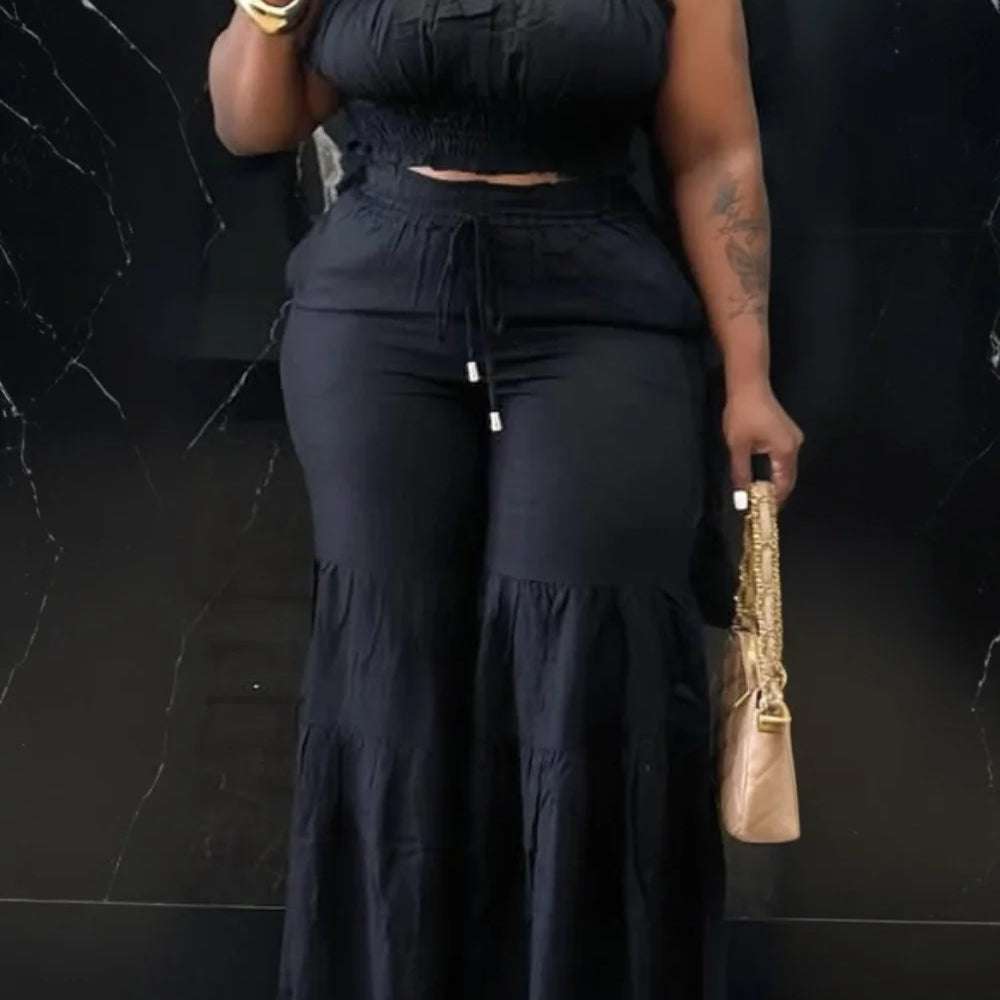 Plus Size Vacation Orange Casual Smocking Two Piece Pant Sets black